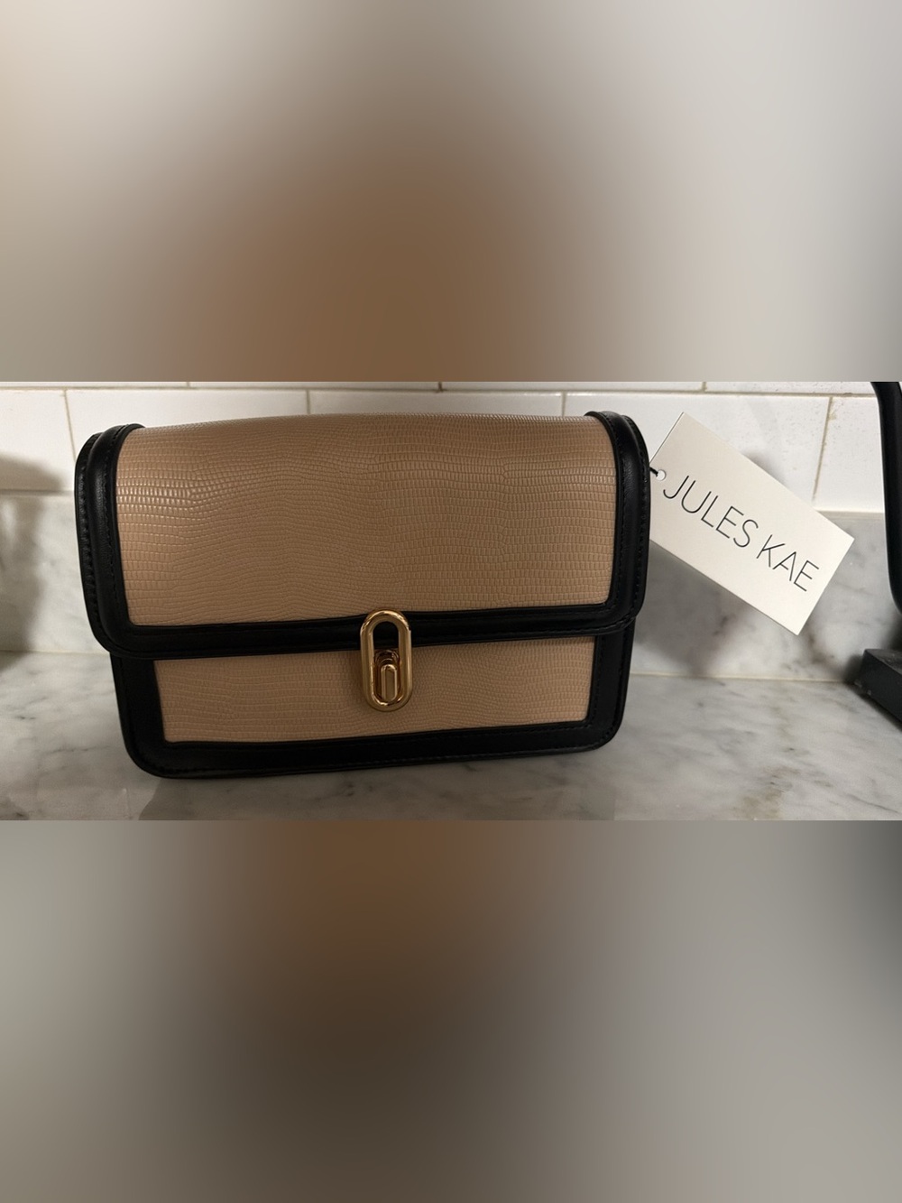 Jules Kae Beige and Black Crossbody Bag with Gold Accent